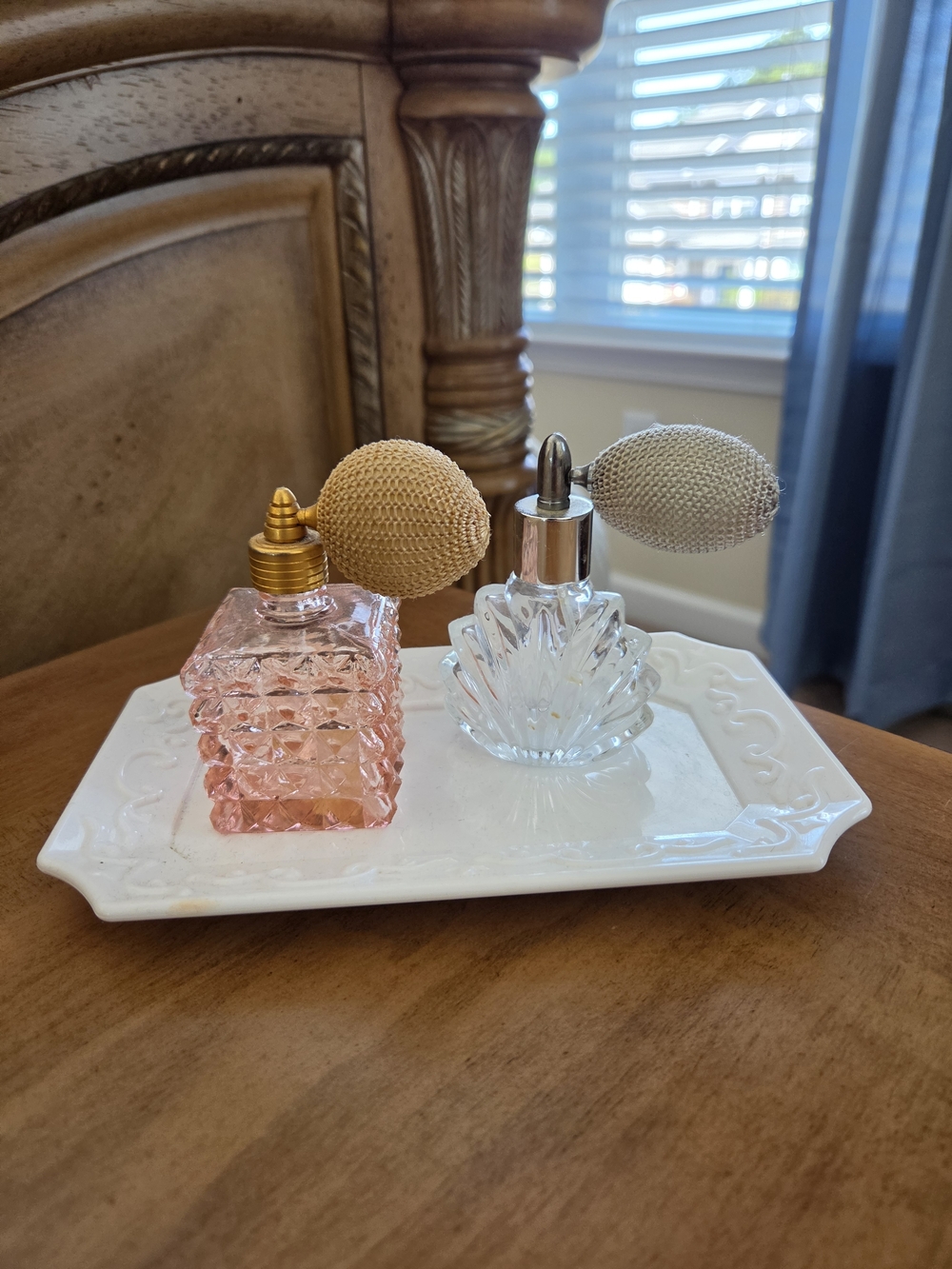 Set of Two Atomizer Perfume Bottles - Clear & Pink With White Ceramic Tray. - Picture 2 of 2